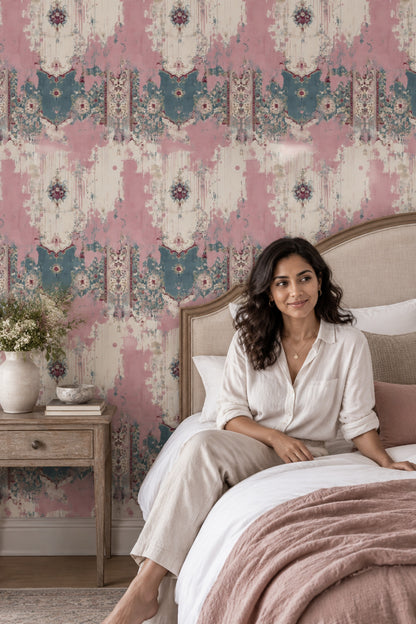 Oriental Medallion Wallpaper Distressed Pink Teal Vintage Texture