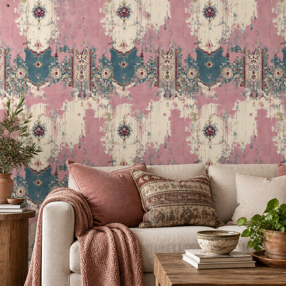 Oriental Medallion Wallpaper Distressed Pink Teal Vintage Texture