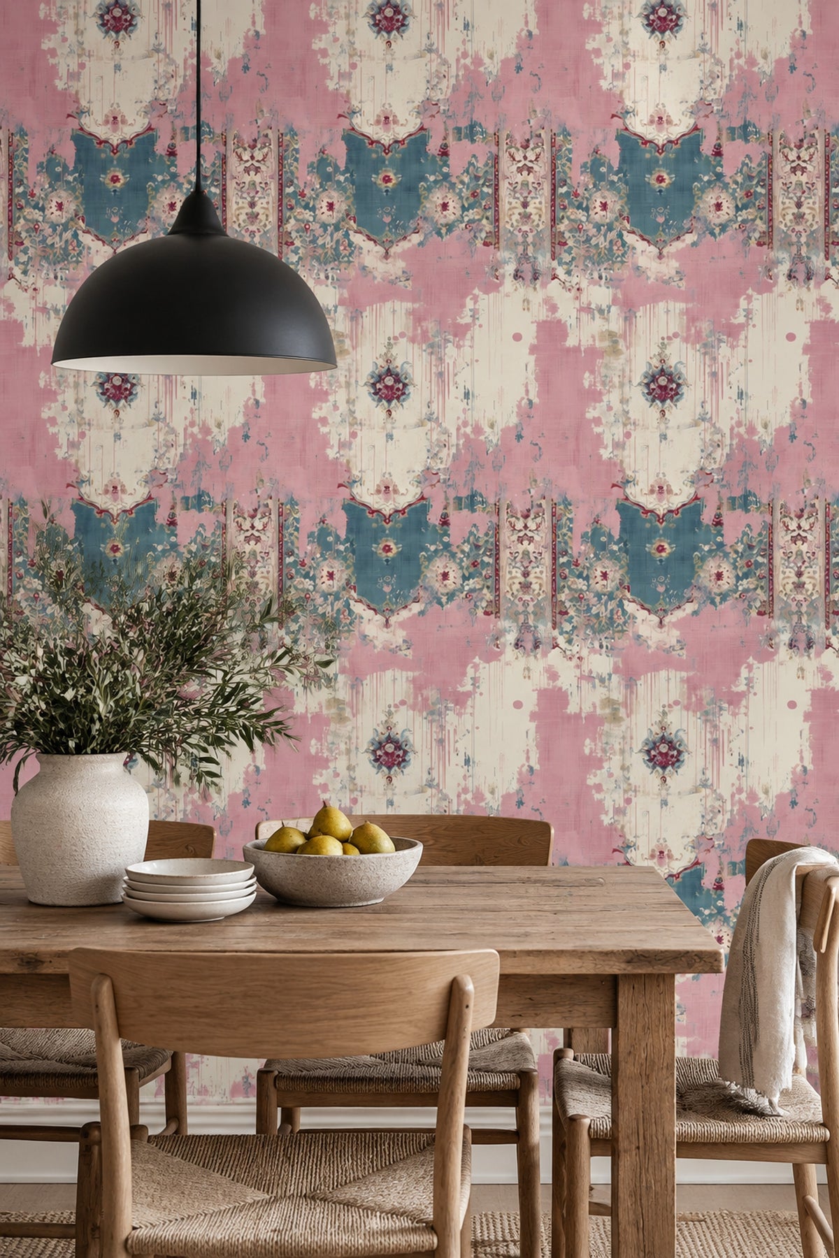 Oriental Medallion Wallpaper Distressed Pink Teal Vintage Texture