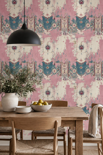 Oriental Medallion Wallpaper Distressed Pink Teal Vintage Texture