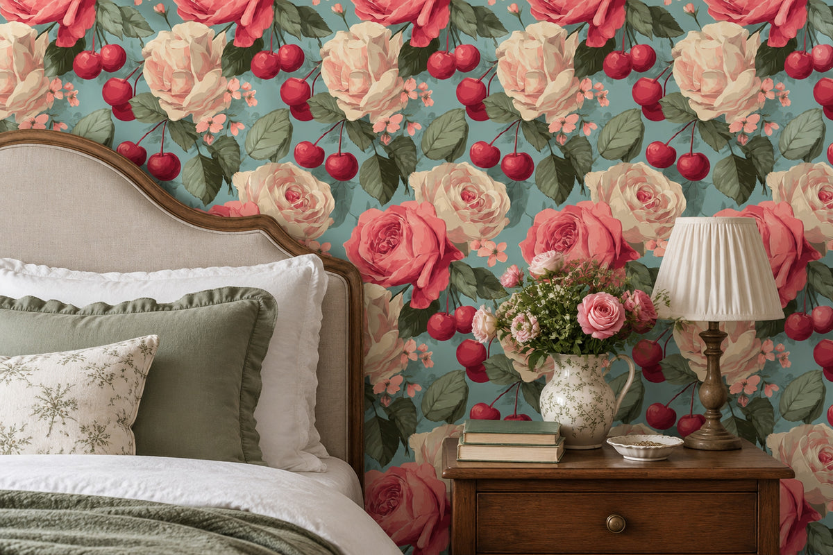 Rose And Cherry Wallpaper Vintage Botanical Teal Ground