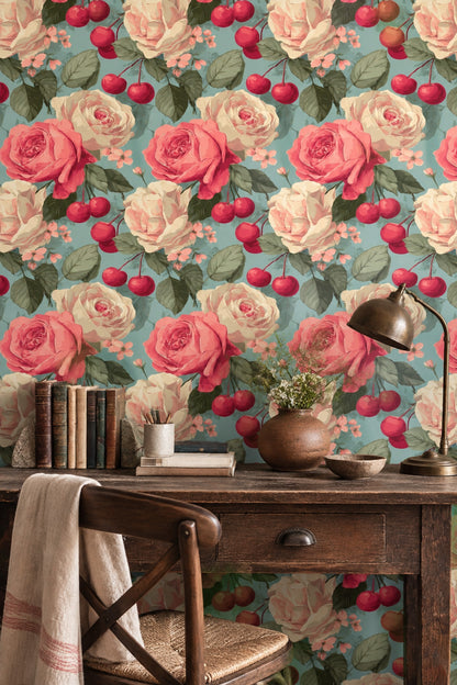 Rose And Cherry Wallpaper Vintage Botanical Teal Ground