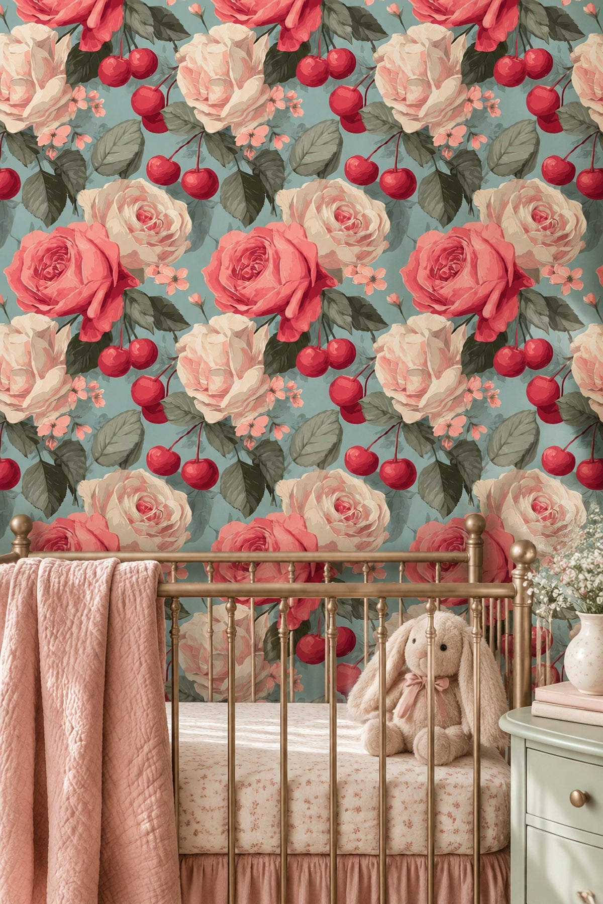 Rose And Cherry Wallpaper Vintage Botanical Teal Ground
