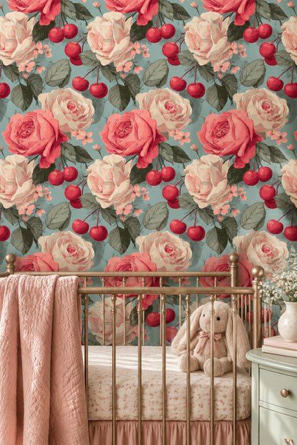 Rose And Cherry Wallpaper Vintage Botanical Teal Ground