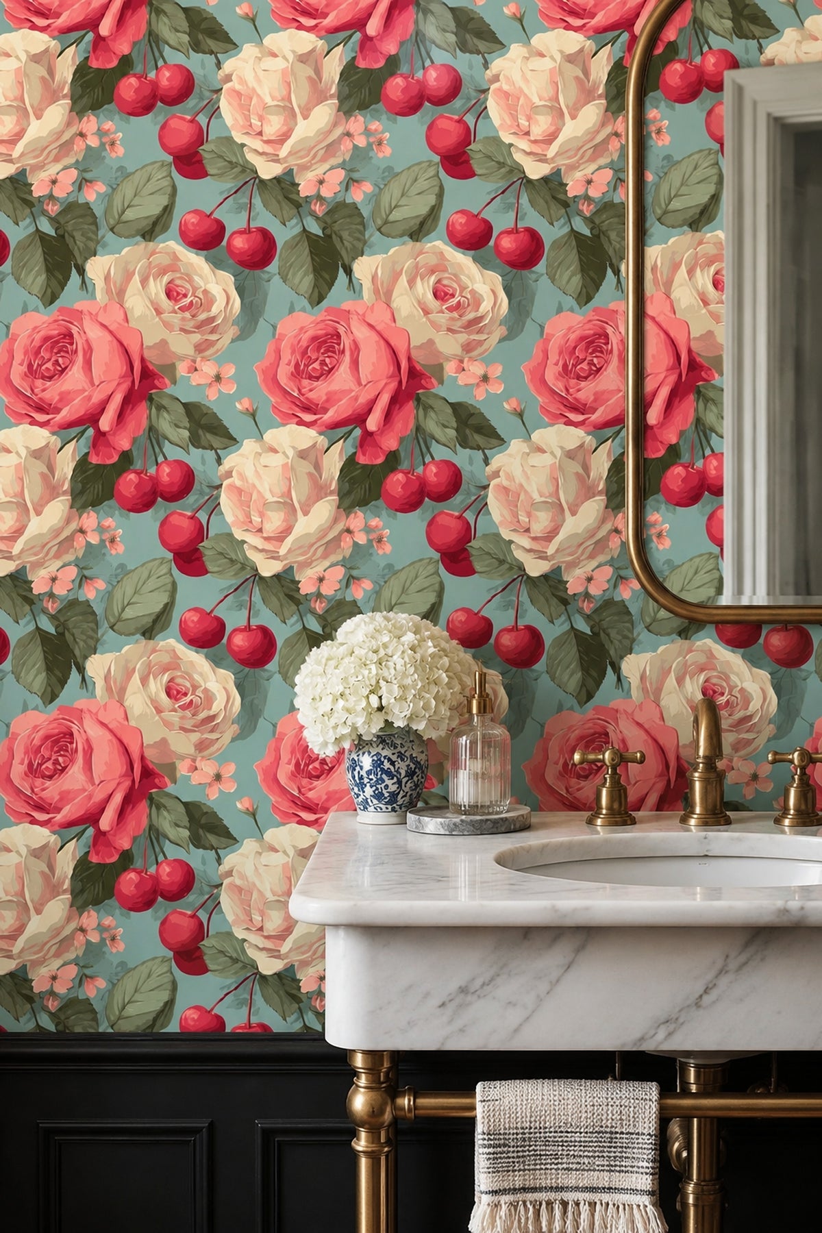 Rose And Cherry Wallpaper Vintage Botanical Teal Ground