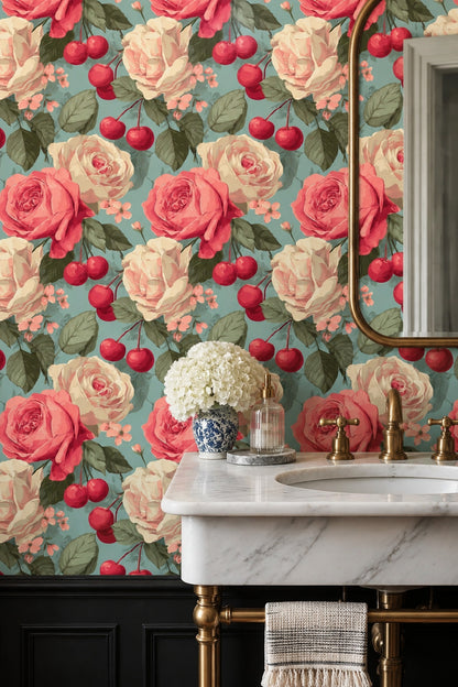 Rose And Cherry Wallpaper Vintage Botanical Teal Ground