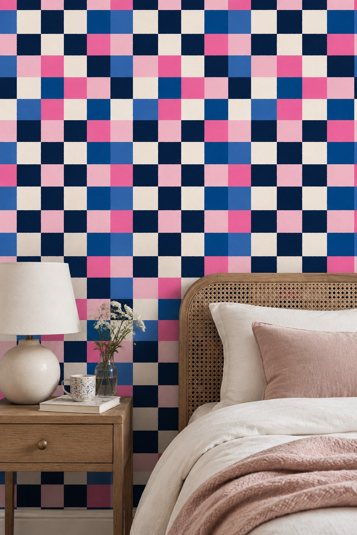 Geometric Checkered Wallpaper Color Block Navy Pink Blue