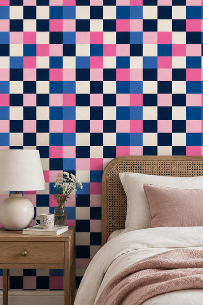 Geometric Checkered Wallpaper Color Block Navy Pink Blue