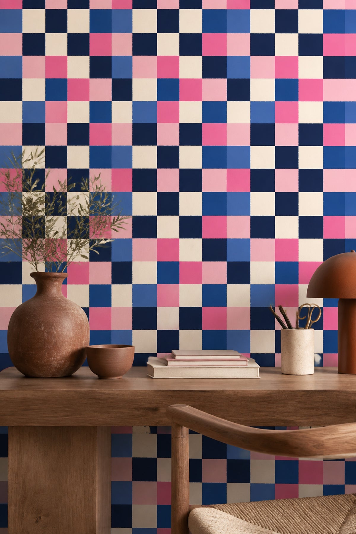 Geometric Checkered Wallpaper Color Block Navy Pink Blue