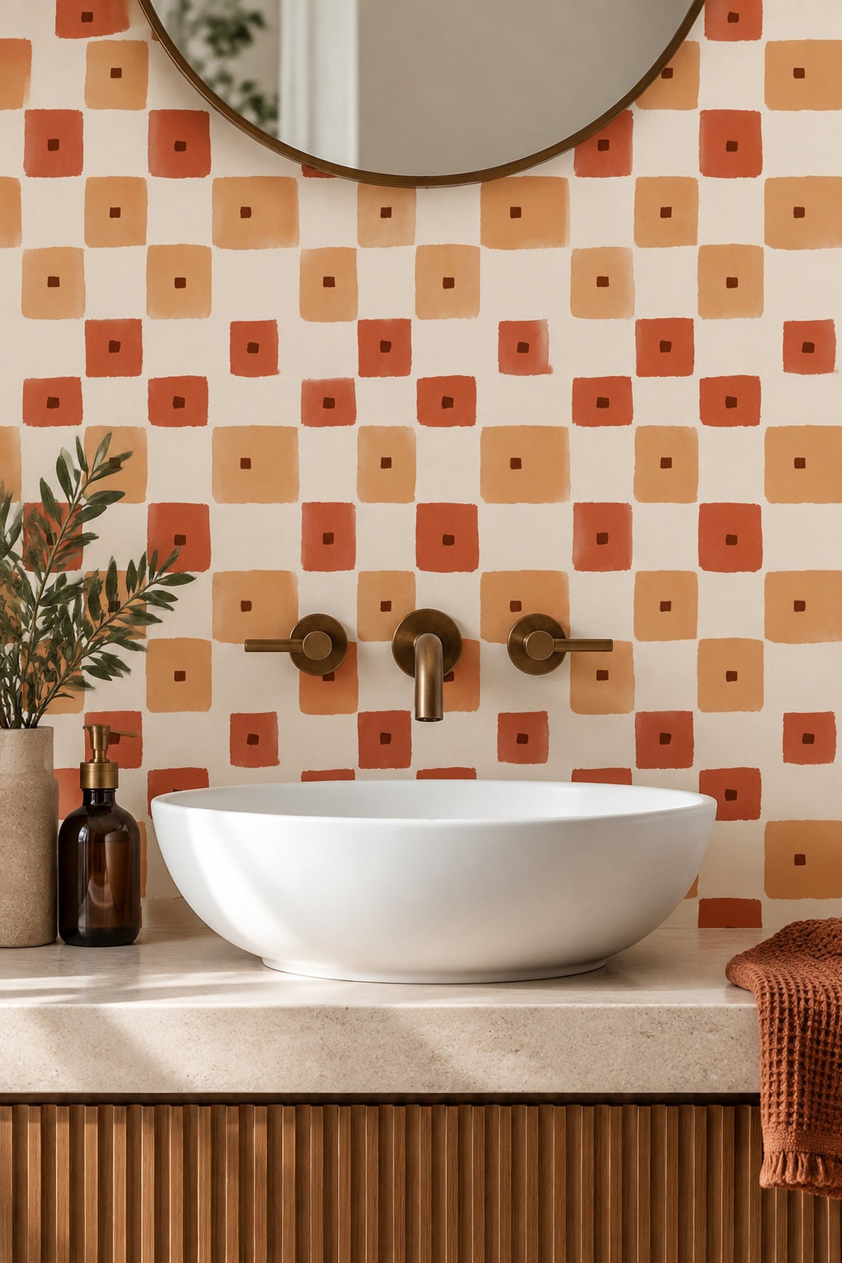 Terracotta Geometric Wallpaper Hand Painted Squares Retro Mid Century Pattern