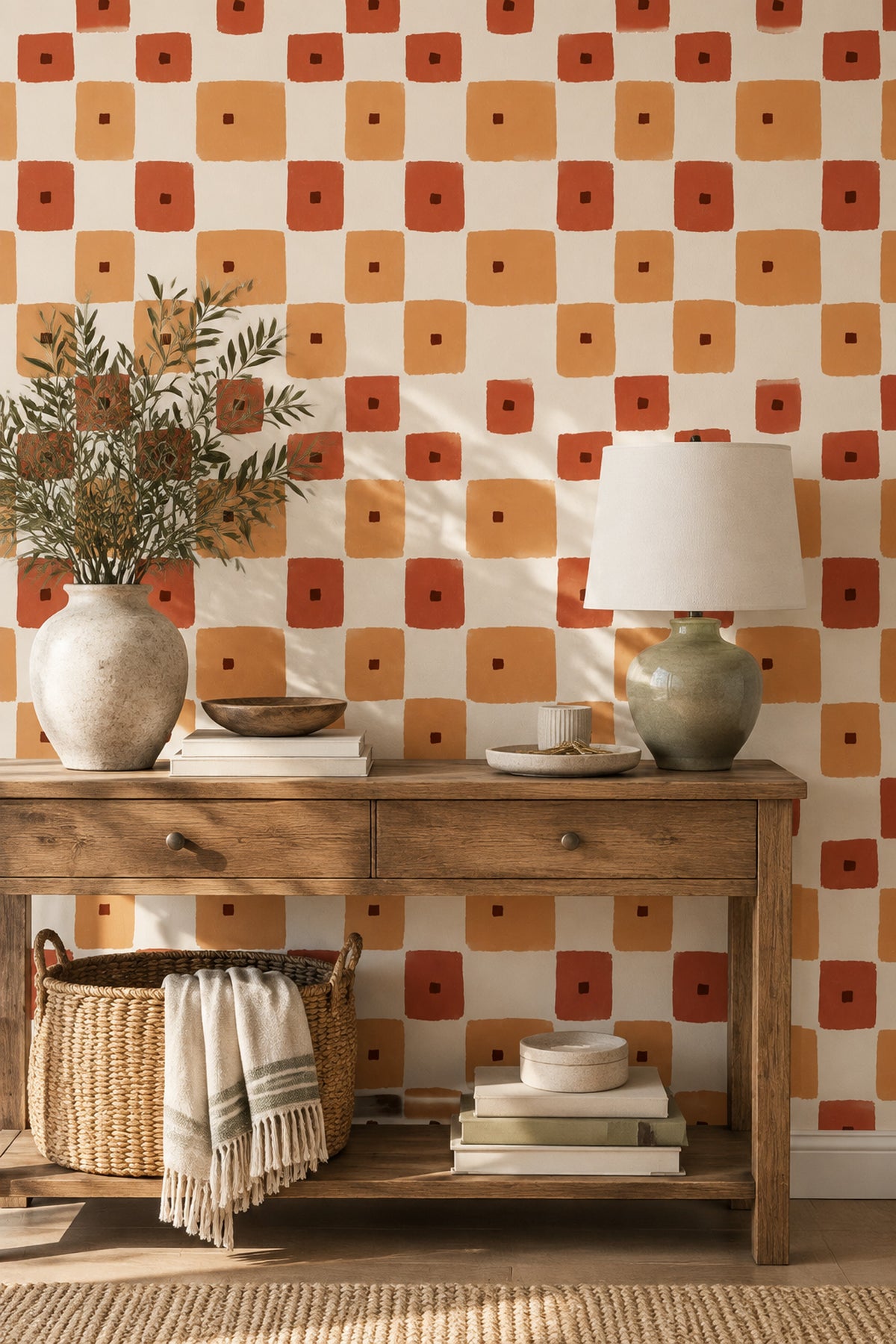 Terracotta Geometric Wallpaper Hand Painted Squares Retro Mid Century Pattern