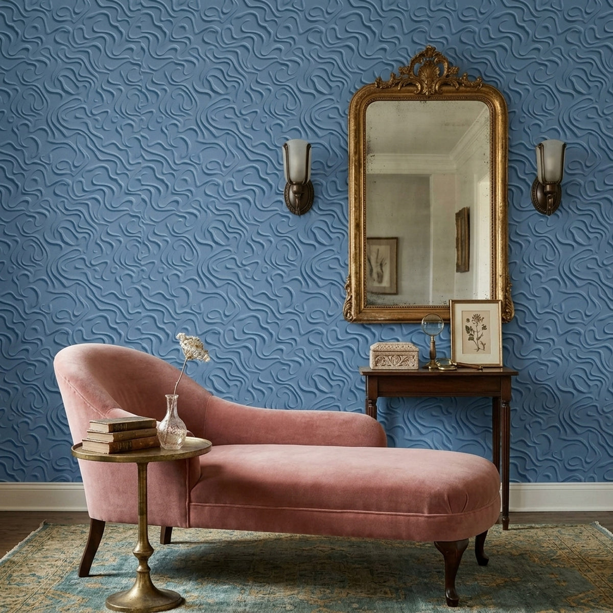 Curved Line Relief Wallpaper Blue Embossed Texture Pattern