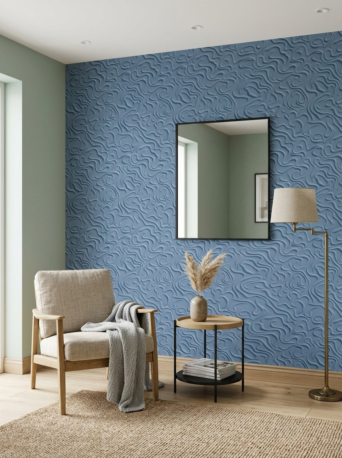 Curved Line Relief Wallpaper Blue Embossed Texture Pattern