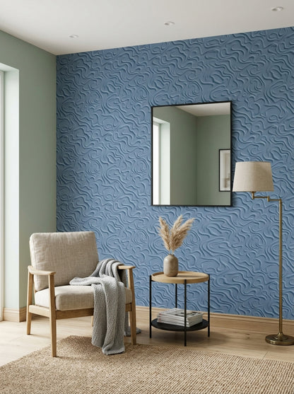 Curved Line Relief Wallpaper Blue Embossed Texture Pattern