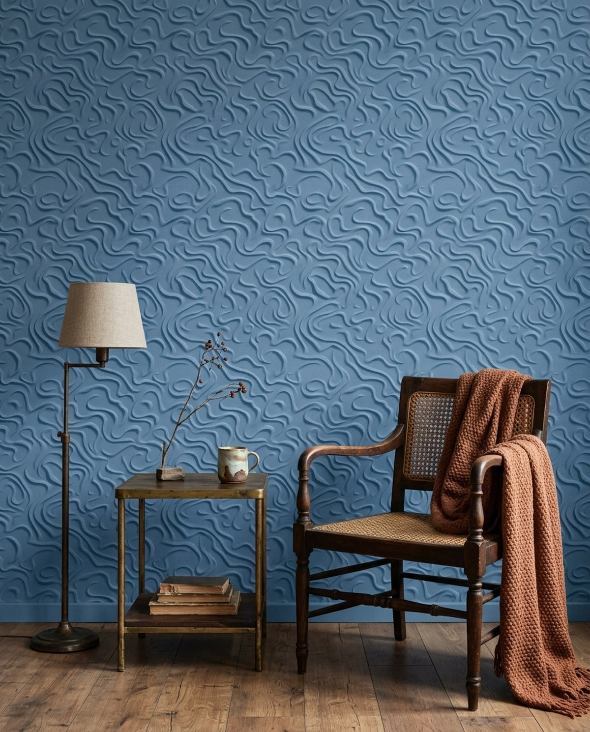 Curved Line Relief Wallpaper Blue Embossed Texture Pattern