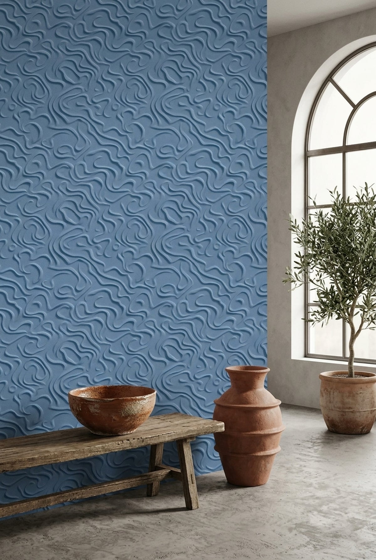 Curved Line Relief Wallpaper Blue Embossed Texture Pattern