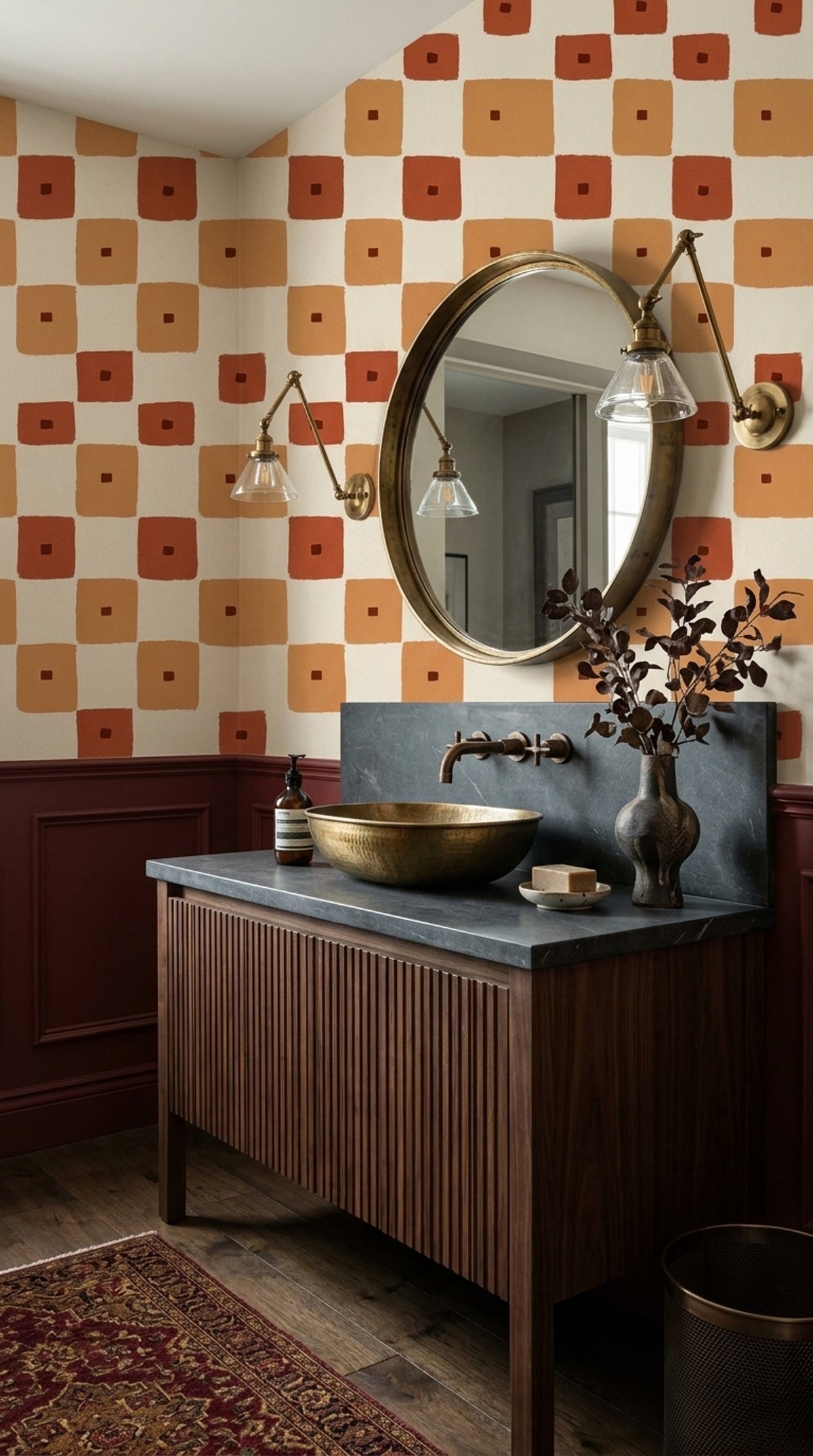 Terracotta Geometric Wallpaper Hand Painted Squares Retro Mid Century Pattern