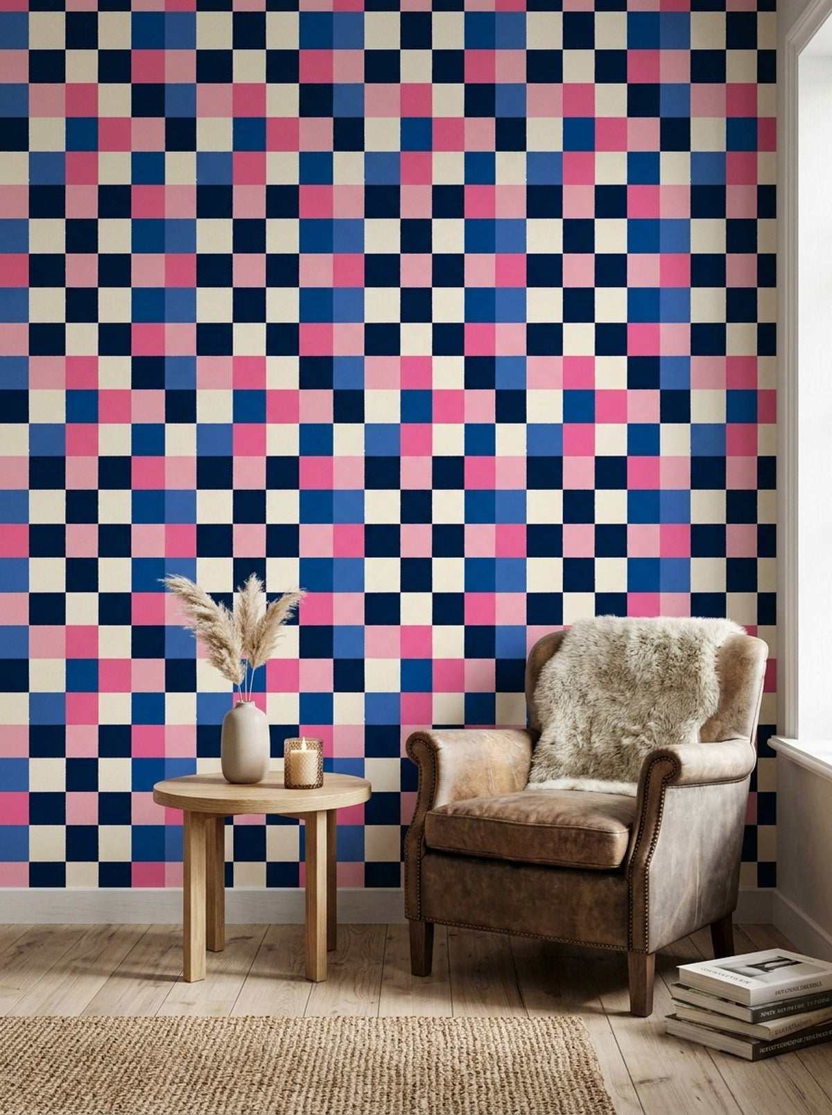 Geometric Checkered Wallpaper Color Block Navy Pink Blue