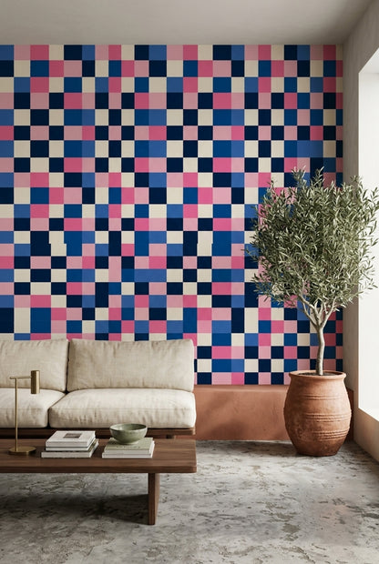 Geometric Checkered Wallpaper Color Block Navy Pink Blue