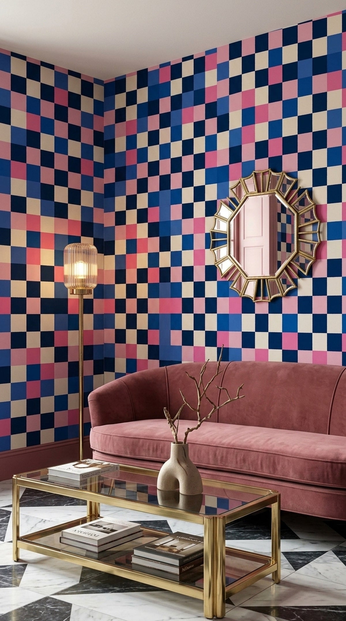 Geometric Checkered Wallpaper Color Block Navy Pink Blue
