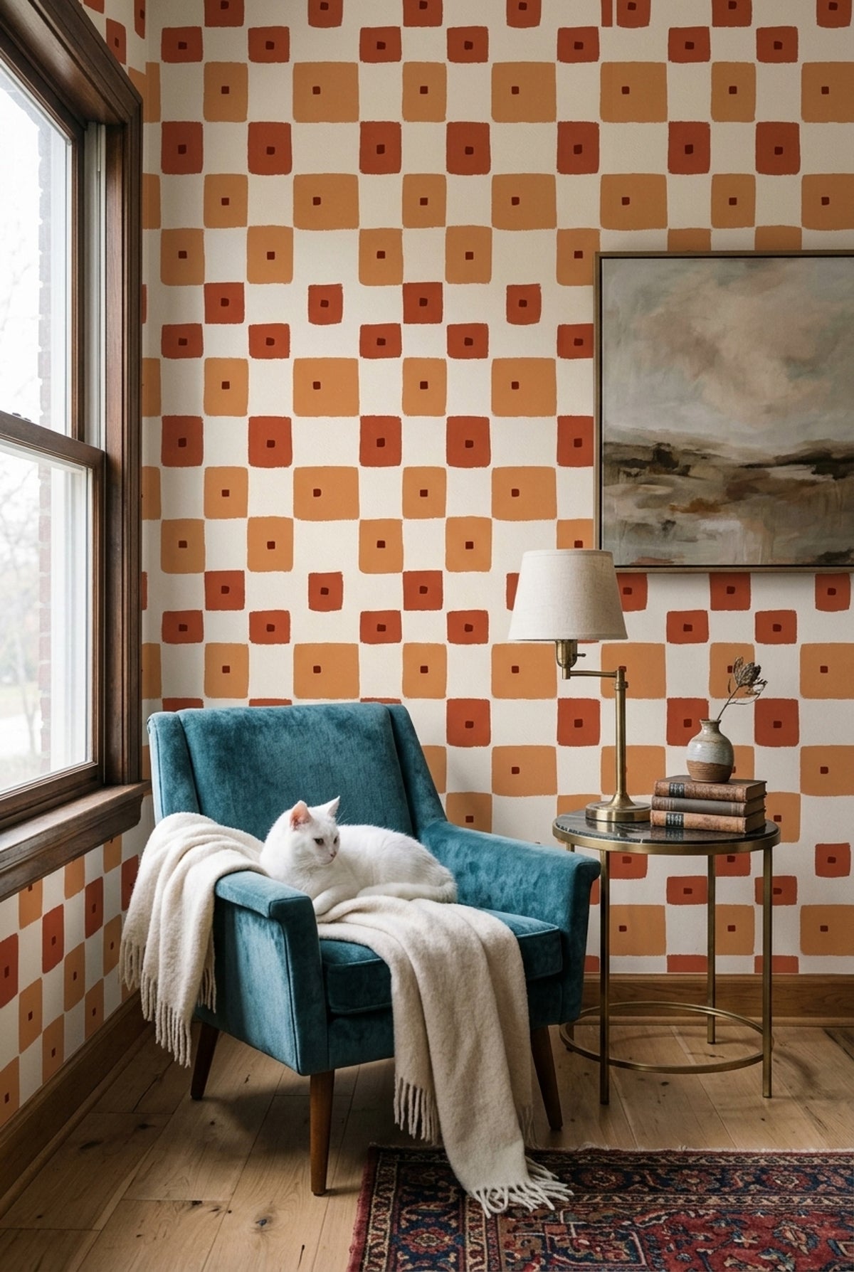 Terracotta Geometric Wallpaper Hand Painted Squares Retro Mid Century Pattern