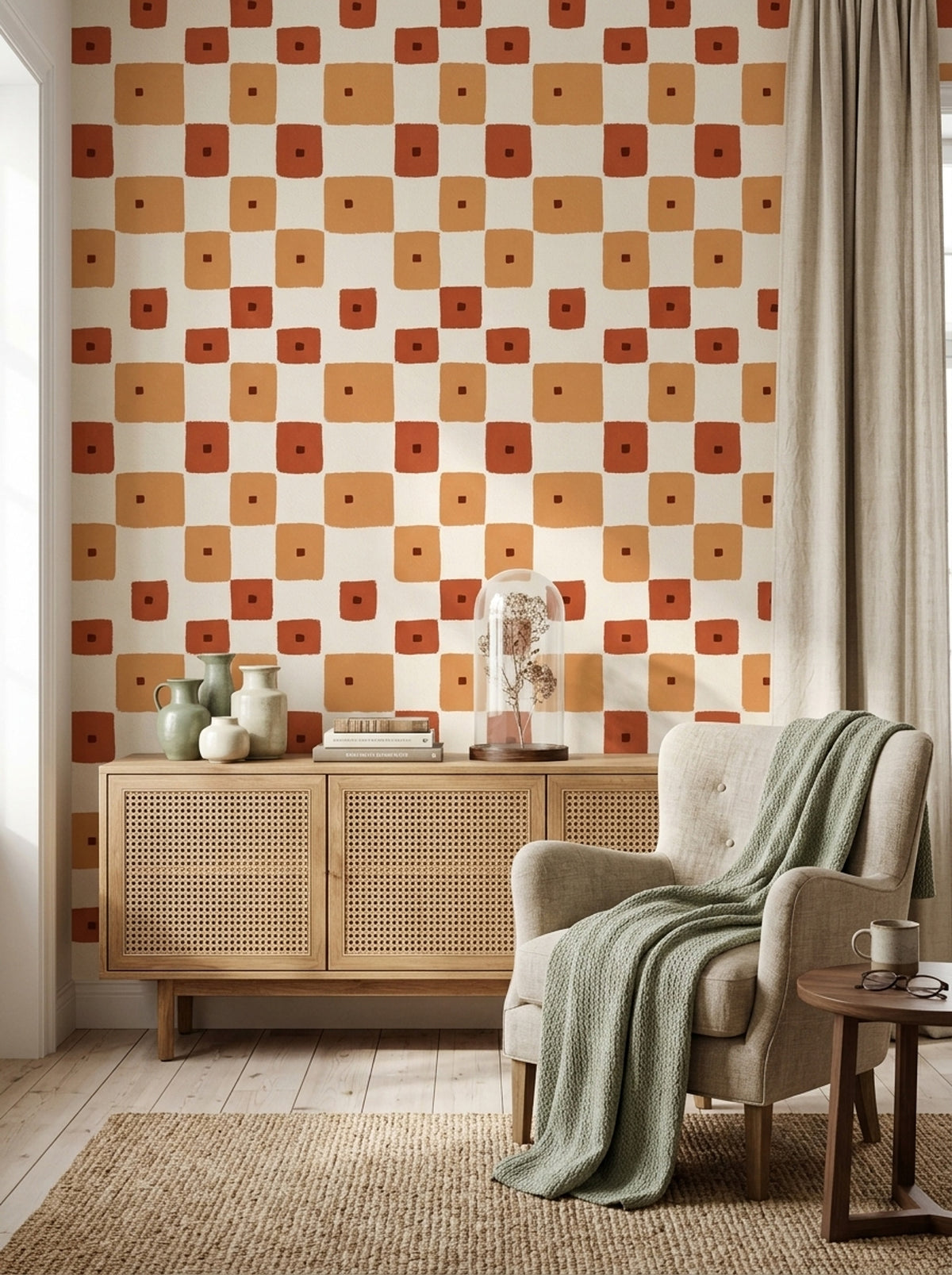Terracotta Geometric Wallpaper Hand Painted Squares Retro Mid Century Pattern