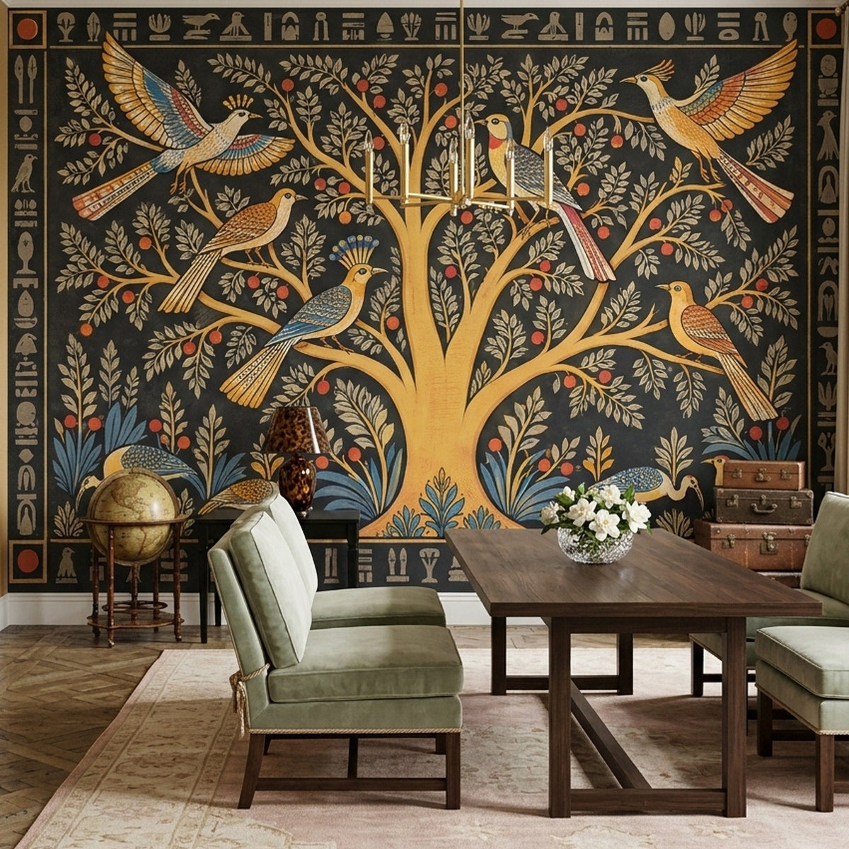 Egyptian Tree of Life Wall Mural Sacred Birds Hieroglyphic Ancient Art