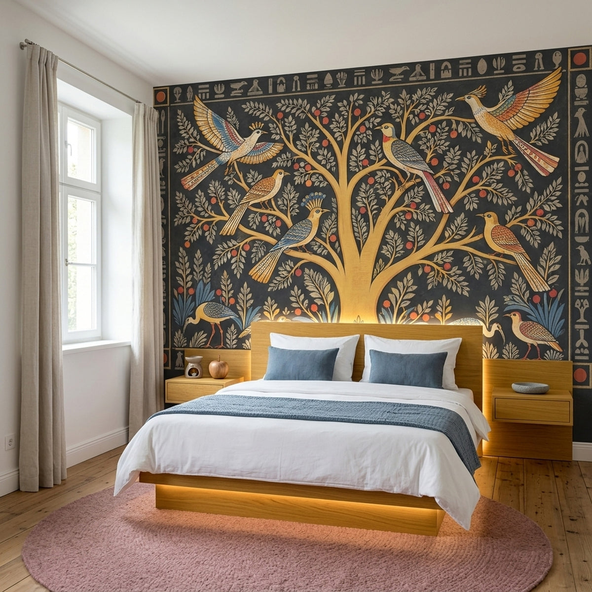 Egyptian Tree of Life Wall Mural Sacred Birds Hieroglyphic Ancient Art