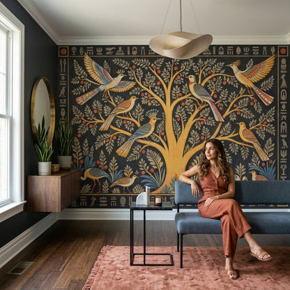 Egyptian Tree of Life Wall Mural Sacred Birds Hieroglyphic Ancient Art