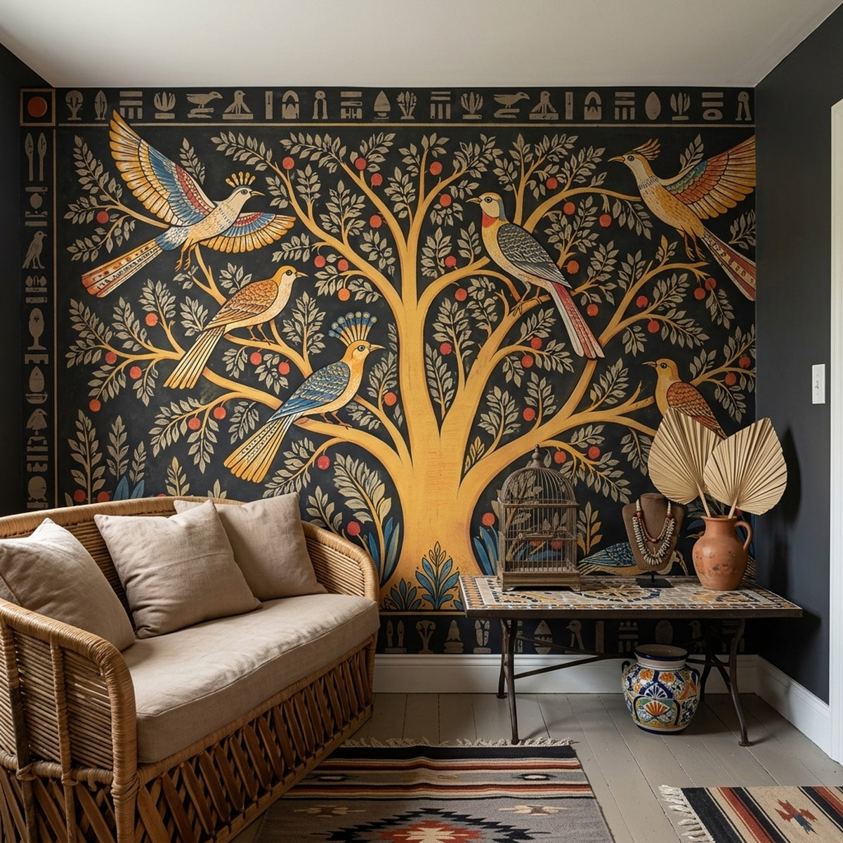 Egyptian Tree of Life Wall Mural Sacred Birds Hieroglyphic Ancient Art