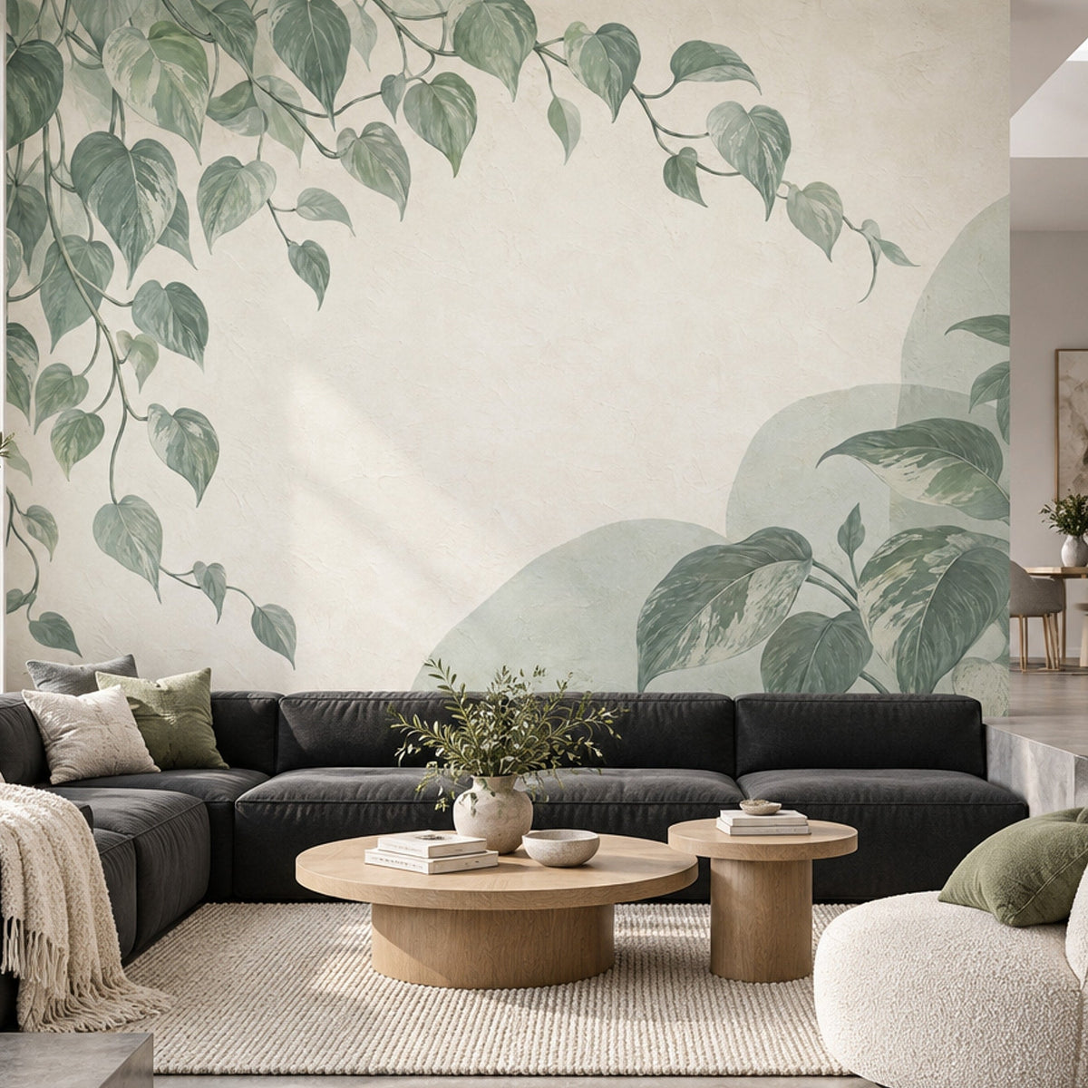 Botanical Vine Wall Mural Sage Green Pothos Leaves Organic Modern Decor