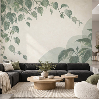 Botanical Vine Wall Mural Sage Green Pothos Leaves Organic Modern Decor