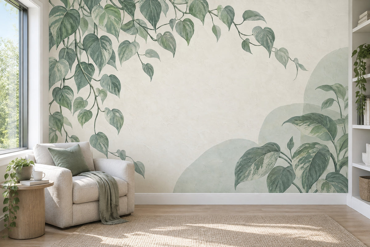 Botanical Vine Wall Mural Sage Green Pothos Leaves Organic Modern Decor