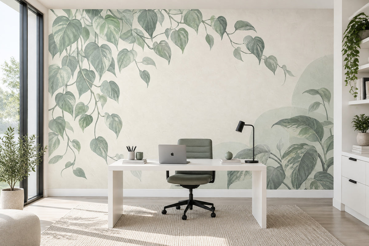 Botanical Vine Wall Mural Sage Green Pothos Leaves Organic Modern Decor