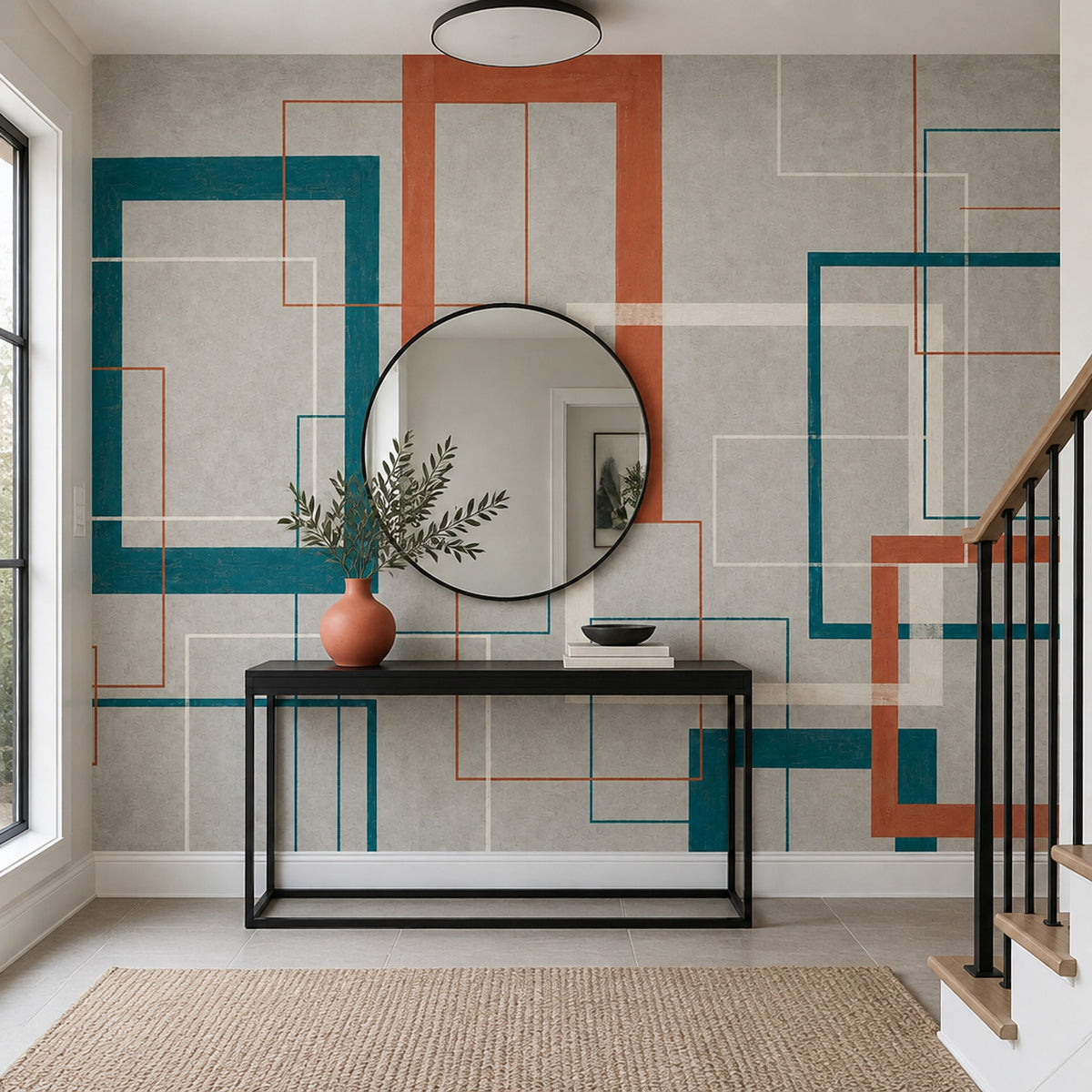 Mid Century Geometric Wall Mural Teal Terracotta Retro Modern Decor