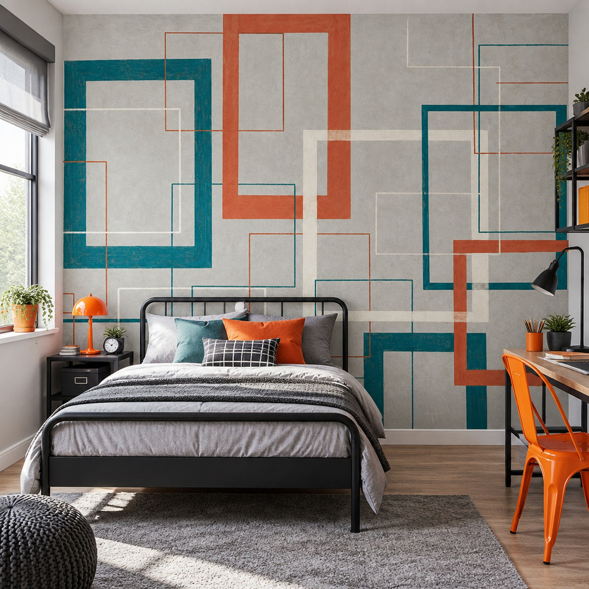 Mid Century Geometric Wall Mural Teal Terracotta Retro Modern Decor