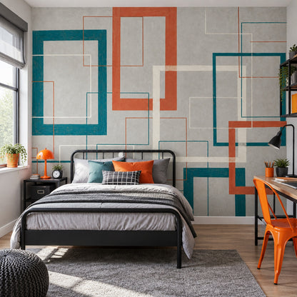 Mid Century Geometric Wall Mural Teal Terracotta Retro Modern Decor