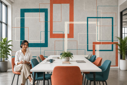 Mid Century Geometric Wall Mural Teal Terracotta Retro Modern Decor