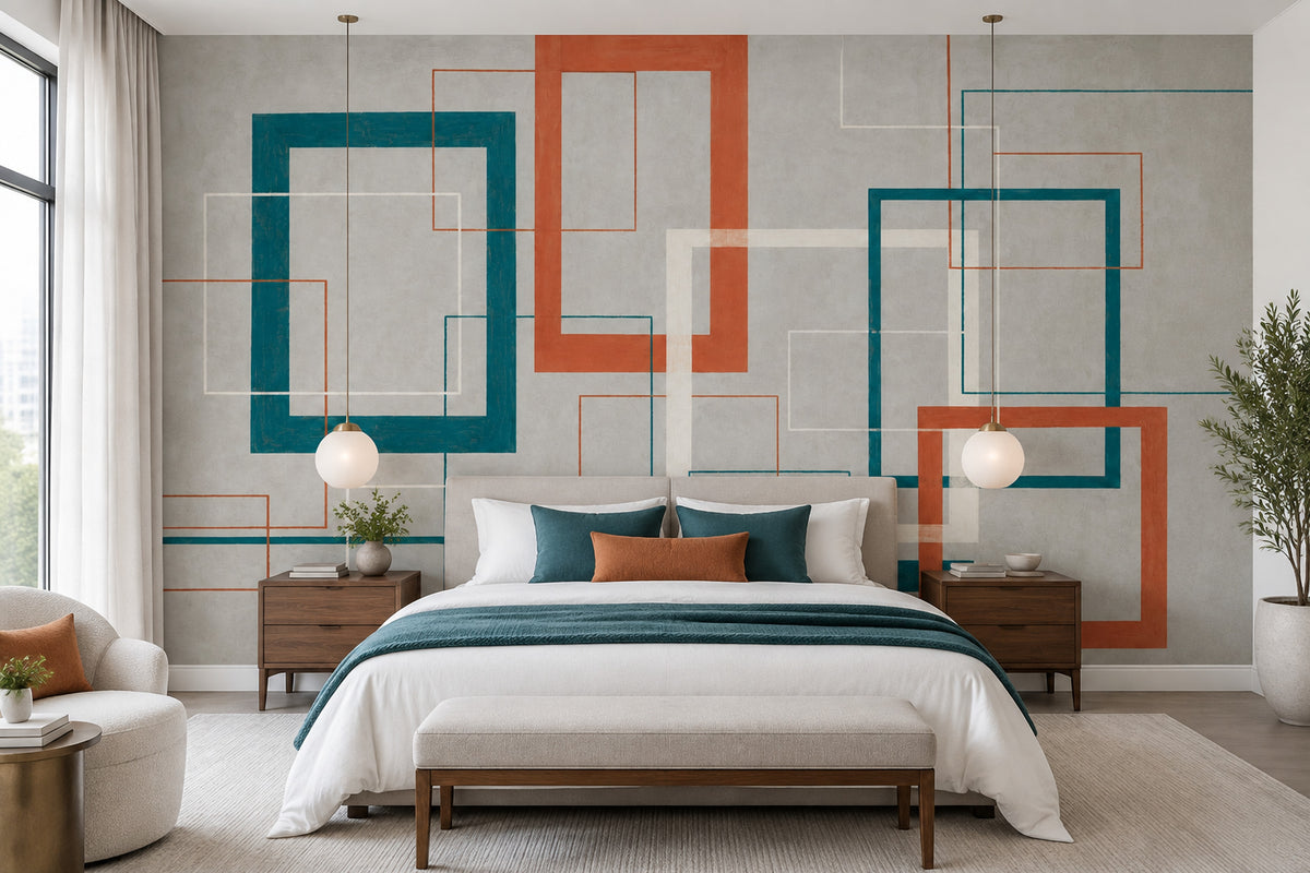 Mid Century Geometric Wall Mural Teal Terracotta Retro Modern Decor