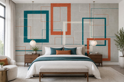 Mid Century Geometric Wall Mural Teal Terracotta Retro Modern Decor