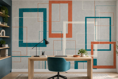 Mid Century Geometric Wall Mural Teal Terracotta Retro Modern Decor
