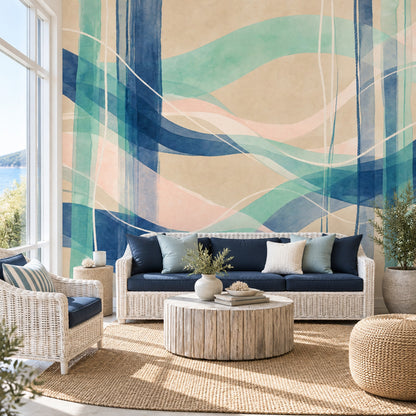 Abstract Watercolor Wave Wall Mural Teal Navy Blush Spa Coastal Decor