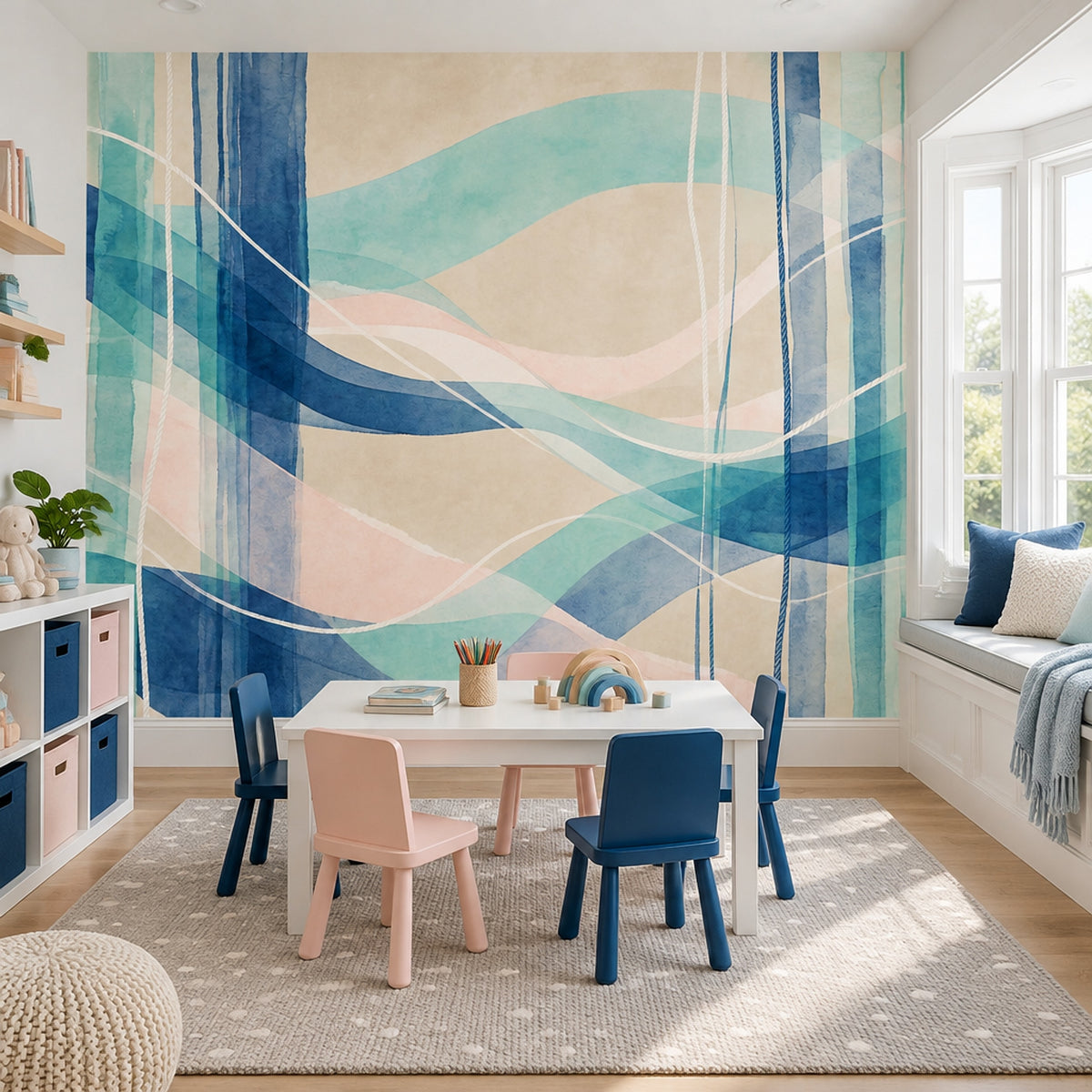 Abstract Watercolor Wave Wall Mural Teal Navy Blush Spa Coastal Decor