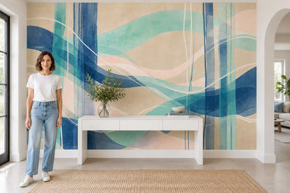 Abstract Watercolor Wave Wall Mural Teal Navy Blush Spa Coastal Decor