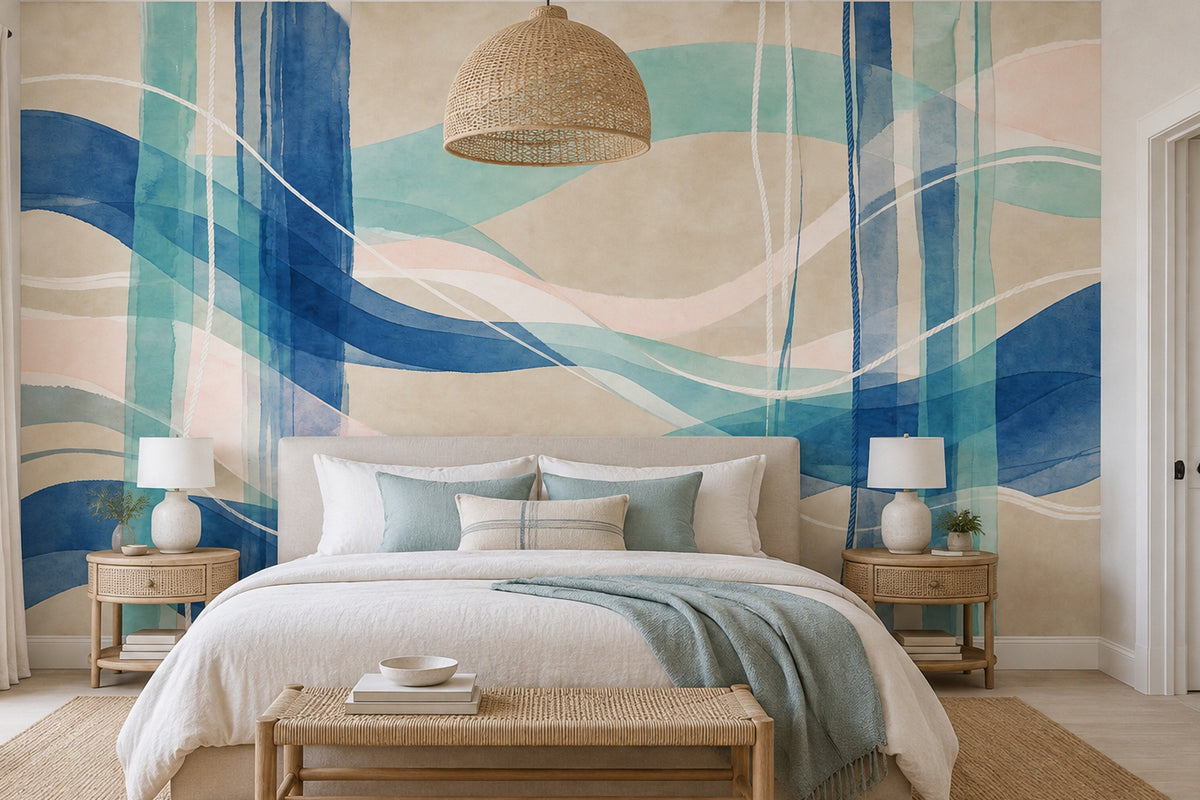 Abstract Watercolor Wave Wall Mural Teal Navy Blush Spa Coastal Decor