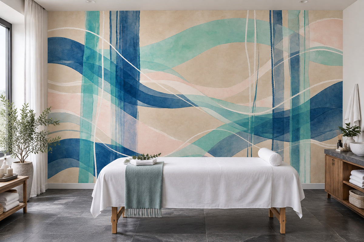 Abstract Watercolor Wave Wall Mural Teal Navy Blush Spa Coastal Decor