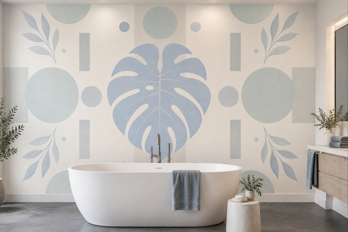 Monstera Wall Mural Soft Blue Sage Geometric Botanical Modern Minimal Decor