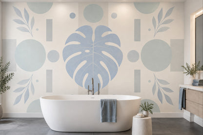 Monstera Wall Mural Soft Blue Sage Geometric Botanical Modern Minimal Decor