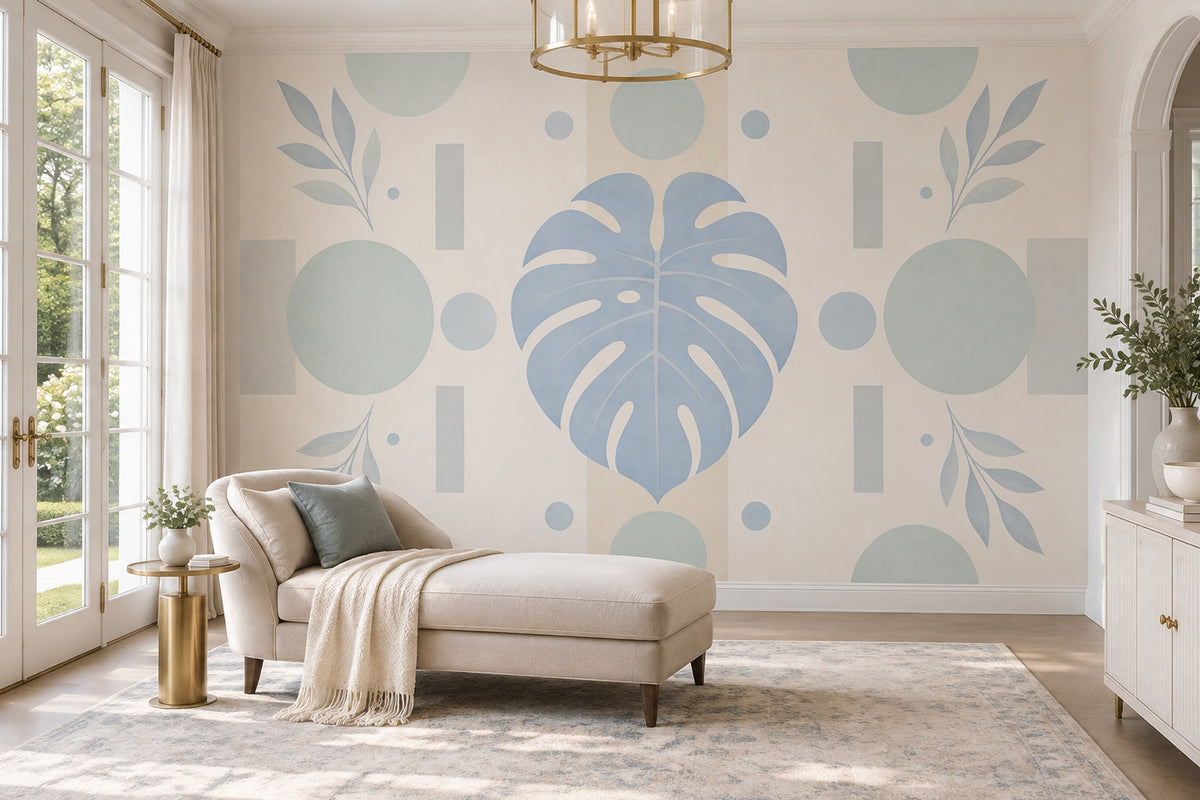 Monstera Wall Mural Soft Blue Sage Geometric Botanical Modern Minimal Decor