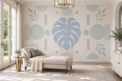 Monstera Wall Mural Soft Blue Sage Geometric Botanical Modern Minimal Decor